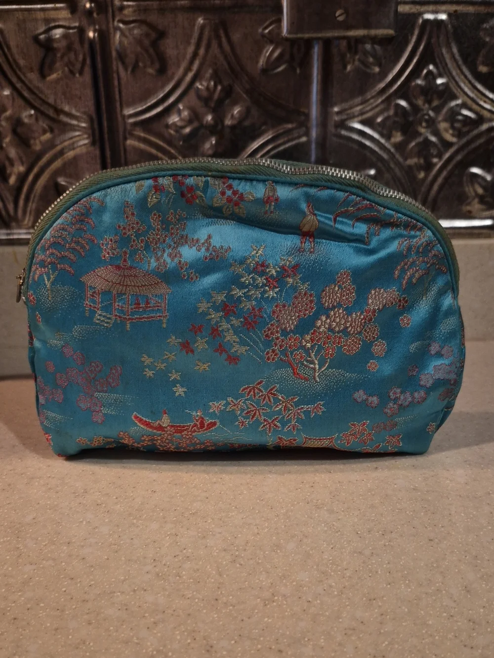 Vintage Hong Kong Turquoise Silk Brocade Makeup Bag / Toiletry Pouch
